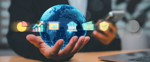 Hand holding a virtual globe