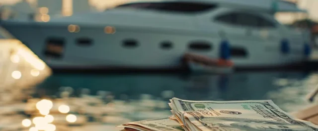 Stacks of bank notes with a private yacht in the background