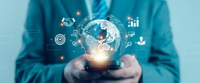 digital image of a mobile phone surrounded by different icons