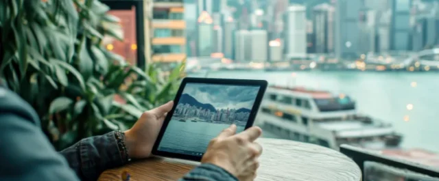 person working on a tablet with a marina in the background