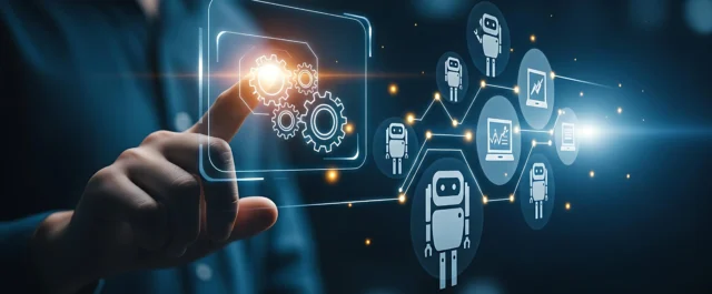 Mann im Anzug tippt auf digitale Symbole