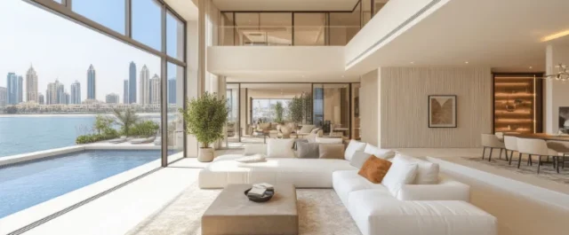 Moderne Luxuswohnung mit Dubai Skyline im Hintergrund
