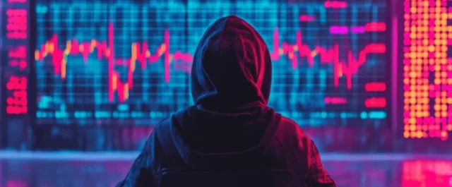 Person mit Kapuzenpullover sitzt vor großem Monitor mit blauen und roten Graphen