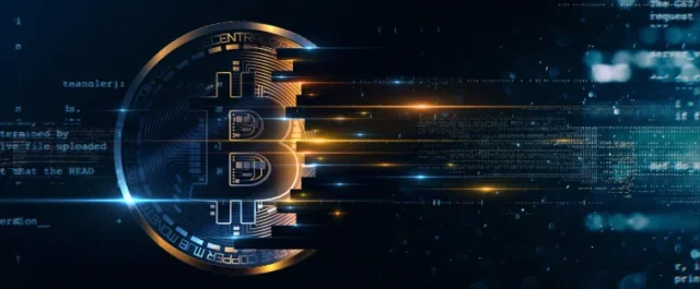 Bitcoinmünze mit digitalen Symbolen