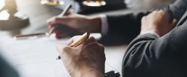 Zwei Personen unterschreiben Dokument