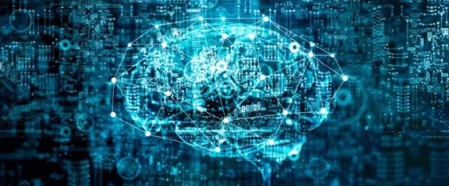 Digitale Darstellung eines Gehirns auf einer Platine