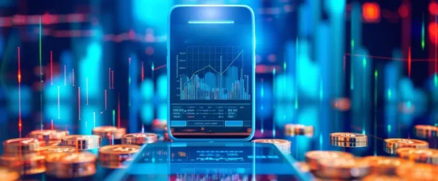 Handy neben digitalen Vermögenswerten, Bitcoinmünzen und Aktienkursen