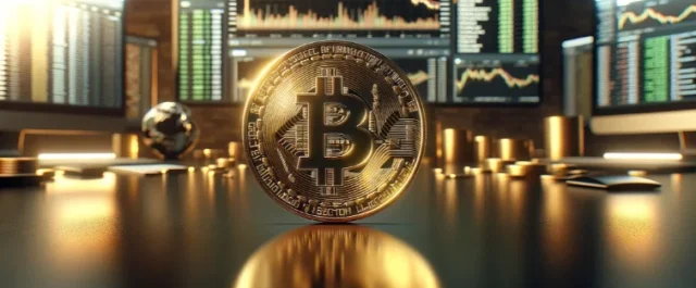 Bitcoin Münze vor Aktienkursen auf Bildschirmen