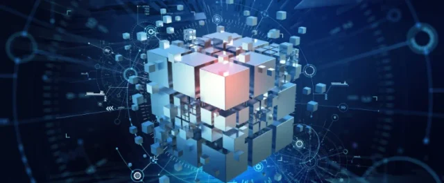 Blockchain in einzelnen Blöcken auf blauem, futuristischen Hintergrund