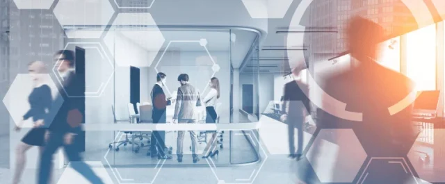 digitale Darstellung von Personen in einem Büroflur