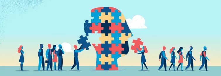 Figuren setzen ein Puzzle zusammen